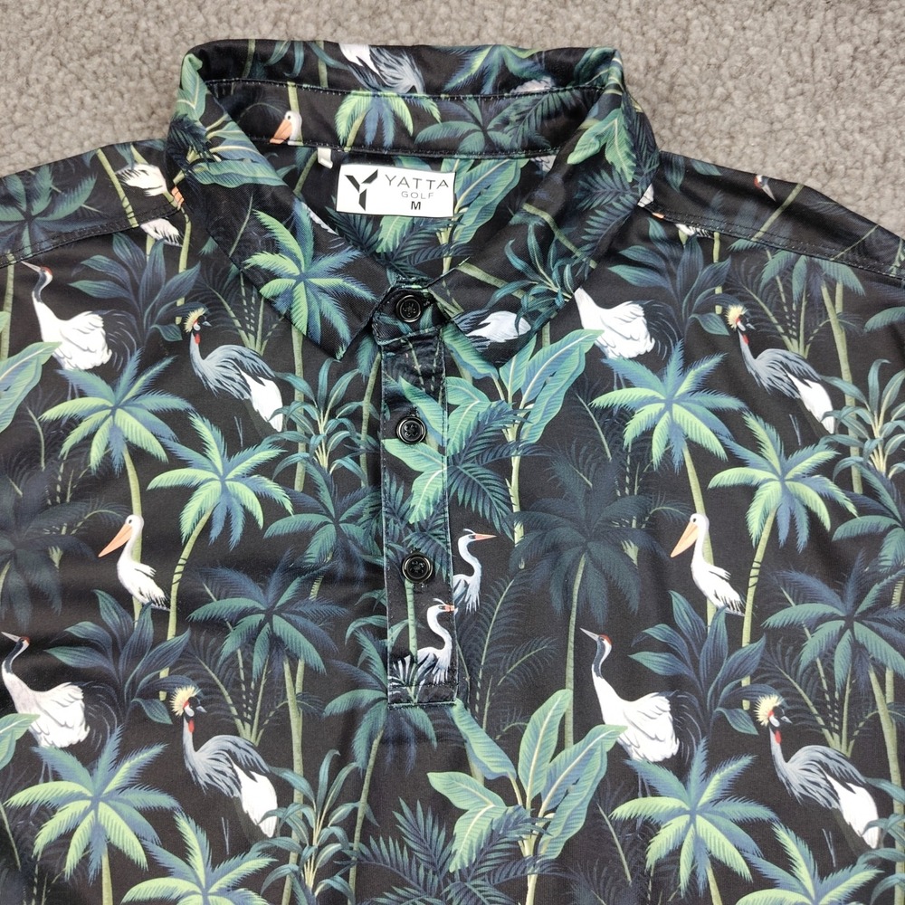 Yatta Golf Polo Shirt Mens Medium Tropical Palm Bird Short Sleeve Black EUC